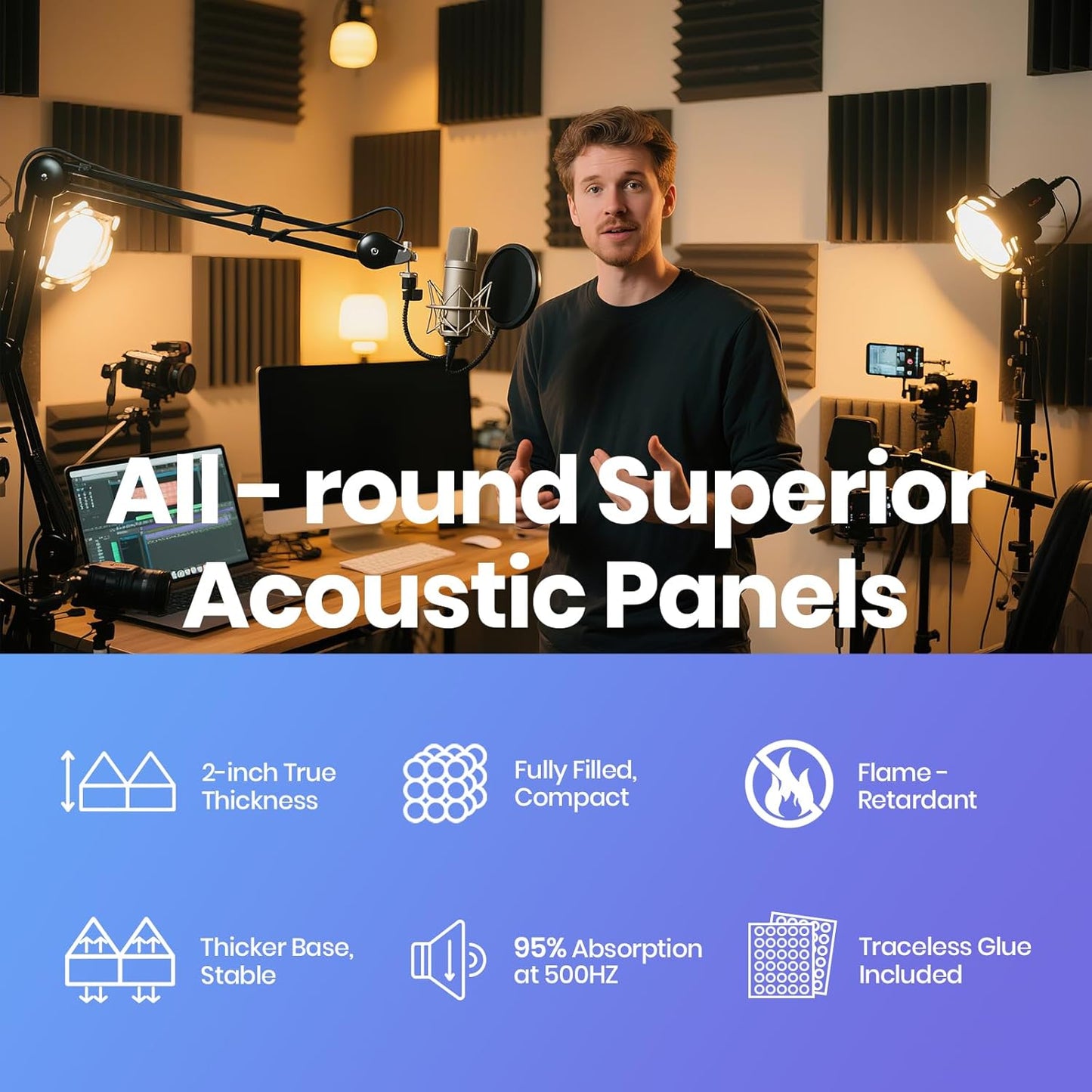 Focusound Black Grey Acoustic Panels 50 Pack 2"x12"x12" with 300 PCS Double-Side Adhesive - Sound Proof Pyramid Foam for Walls, Home Studio Noise Absorption & Echo Control Kit