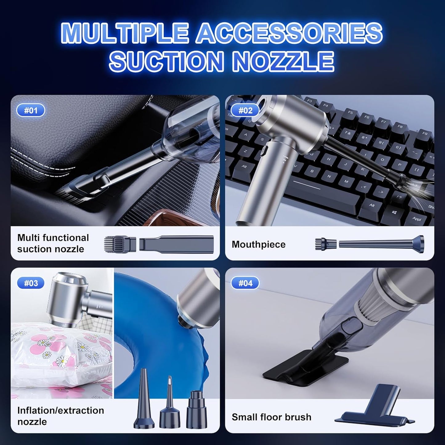 4-in-1 Cordless Handheld Vacuum, Portable Car Vacuum Detailing Kit, Compact Vac with Crevice Tool & Brushless Motor, Type-C Charge, 16000Pa Suction Power for Car, Office Desk, Keyboards, Home