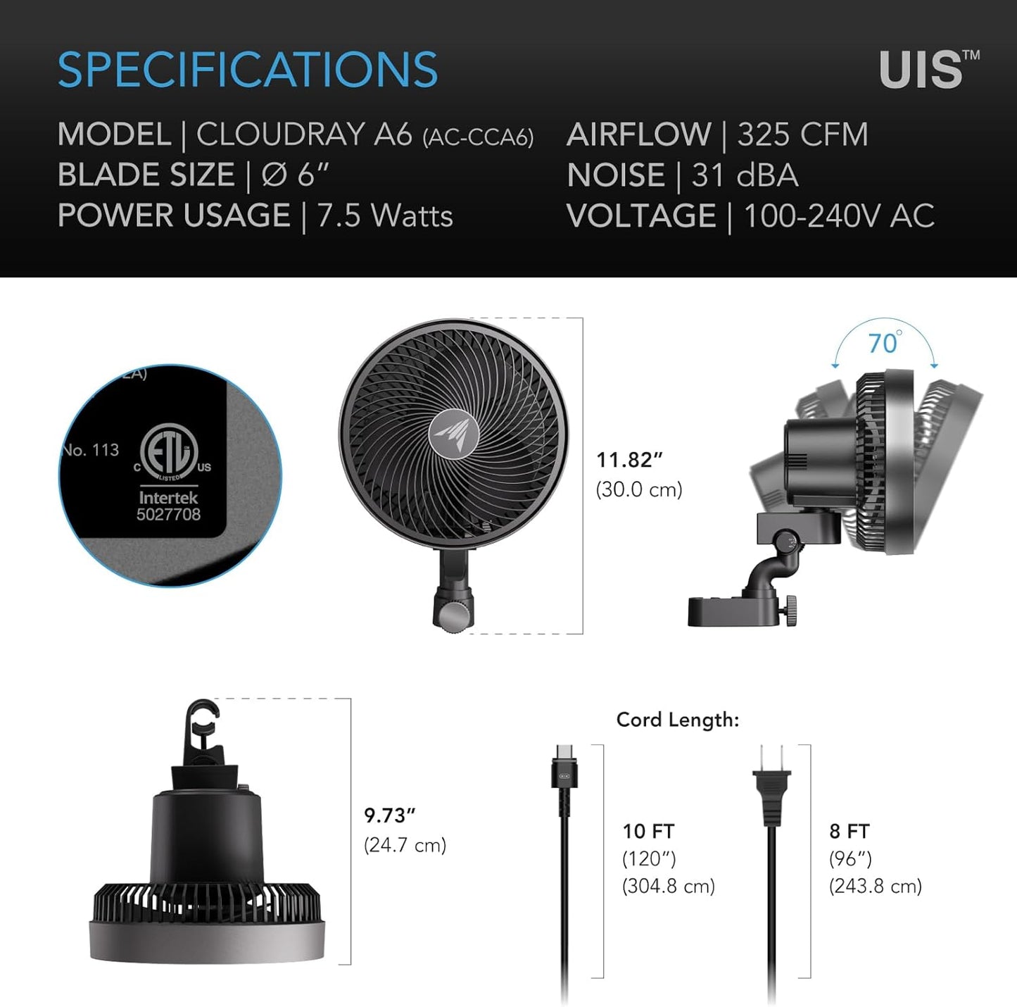 AC Infinity CLOUDRAY A6, Grow Tent Clip Fan 6” with Redesigned Long-Life EC Motor, Custom 10 Dynamic Wind Speeds, Weatherproof IP-54, Manual Swivel, for Hydroponics Circulation Cooling