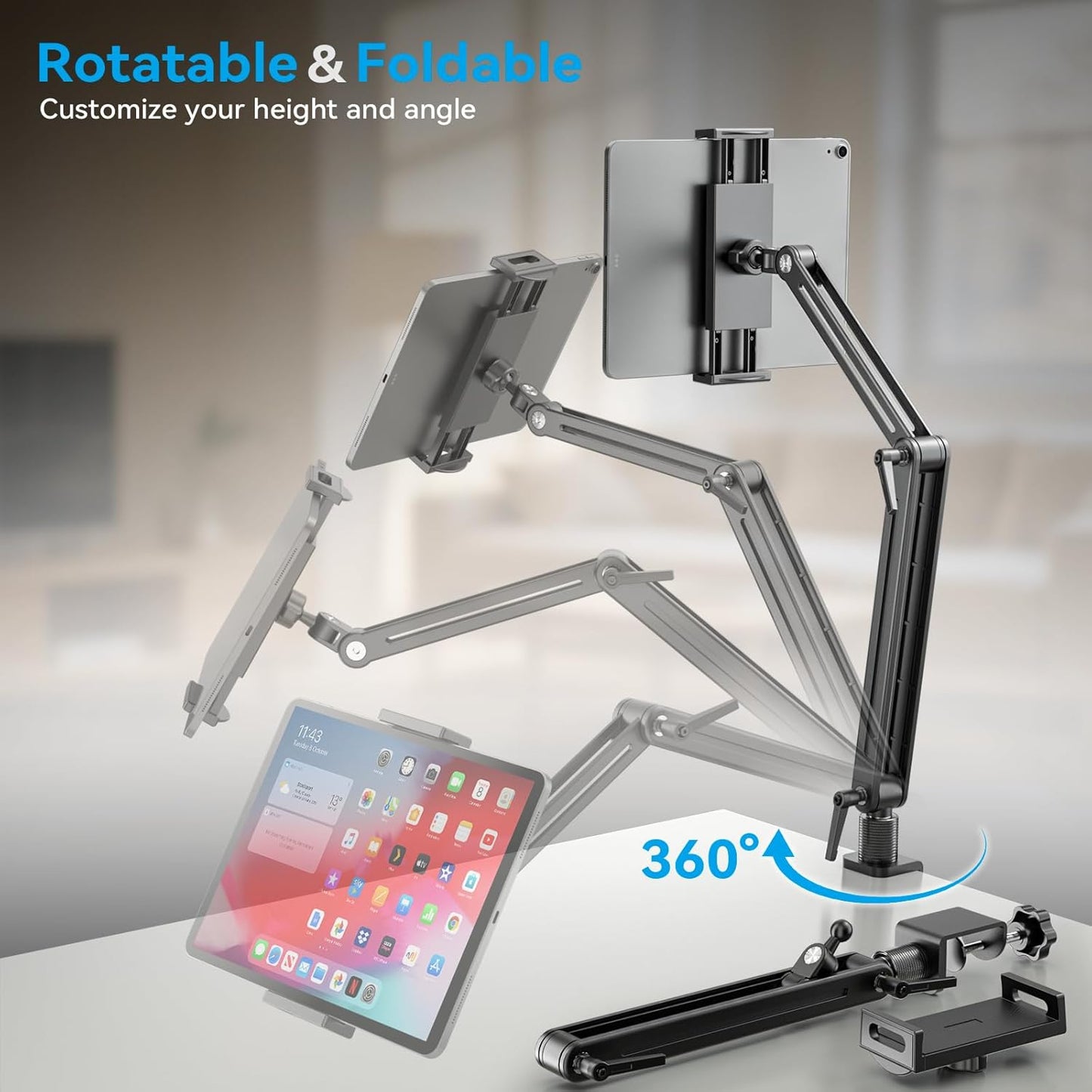 Jakeko Adjustable Tablet Mount for Desk - 360 Degree Rotating Base Tall Arm Holder Stand Swivel Flexible Clamp Soporte para Tablet/Portable Monitor/Ebook