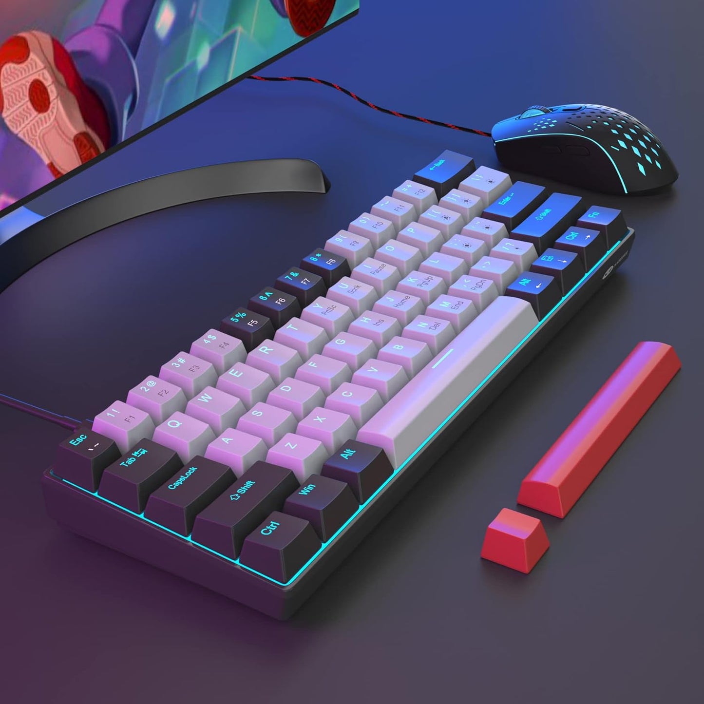 Gaming Keyboard and Mouse Combo, 60% Compact Mechanical Keyboard with Blue LED Backlit, PC Gaming Keyboards and Mouse,Detachable Type C to A Cable Wired Keyboards for PC/Laptop