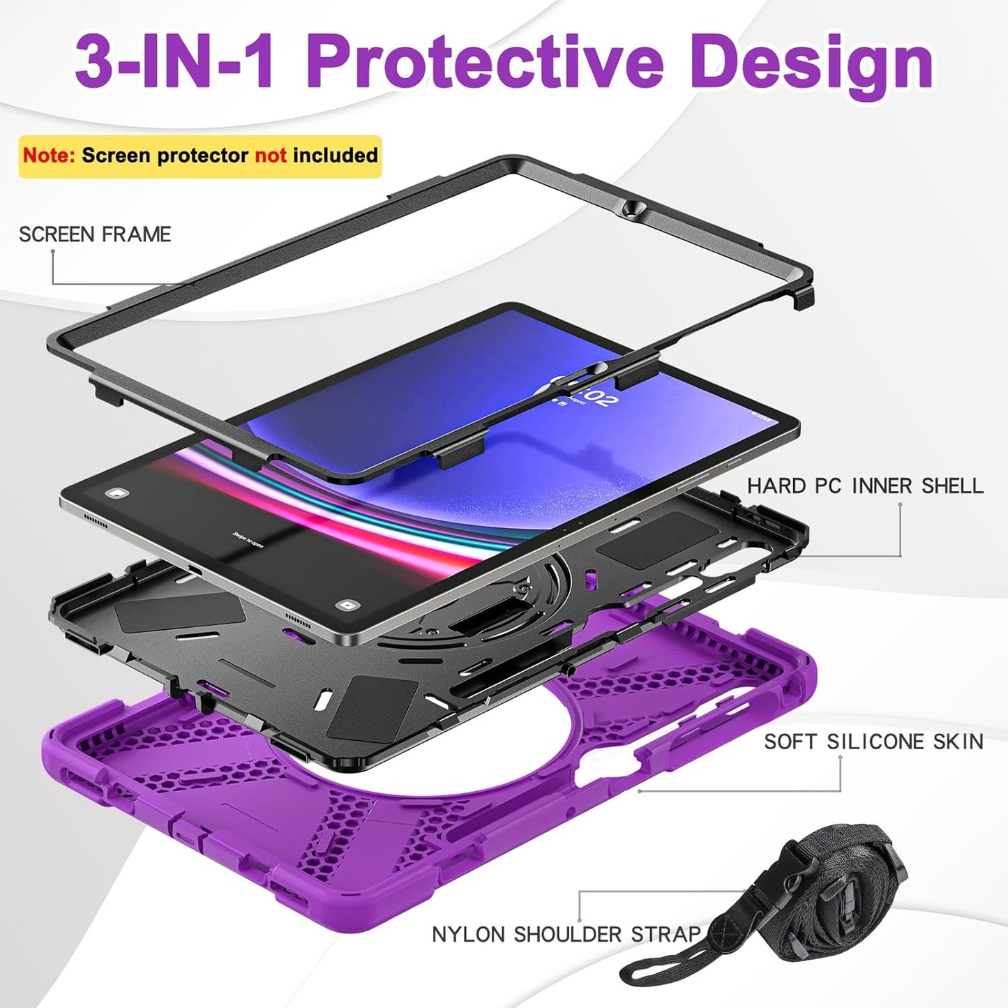 BRAECN for Galaxy Tab S10 Plus Case 2024&S9 FE Plus/S8 Plus/S7 Plus /S7 FE 12.4 Inch,Heavy Duty Shockproof Case with S Pen Holder&360 Rotating Hand Strap/Kickstand/Shoulder Strap for Tab S10+,Purple