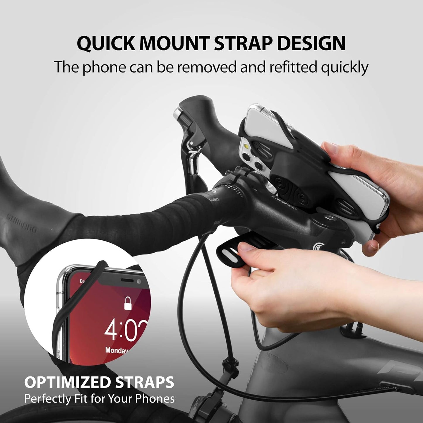 BONE】 Bike Tie Pro 4 Bike Phone Mount Bicycle Phone Holder for Stem Mounting 4.7"-7.2" Cell Phones, Ultra Light Phone Mount for Bike Motorcycle, Designed for Road Bicycle Accessories - Black