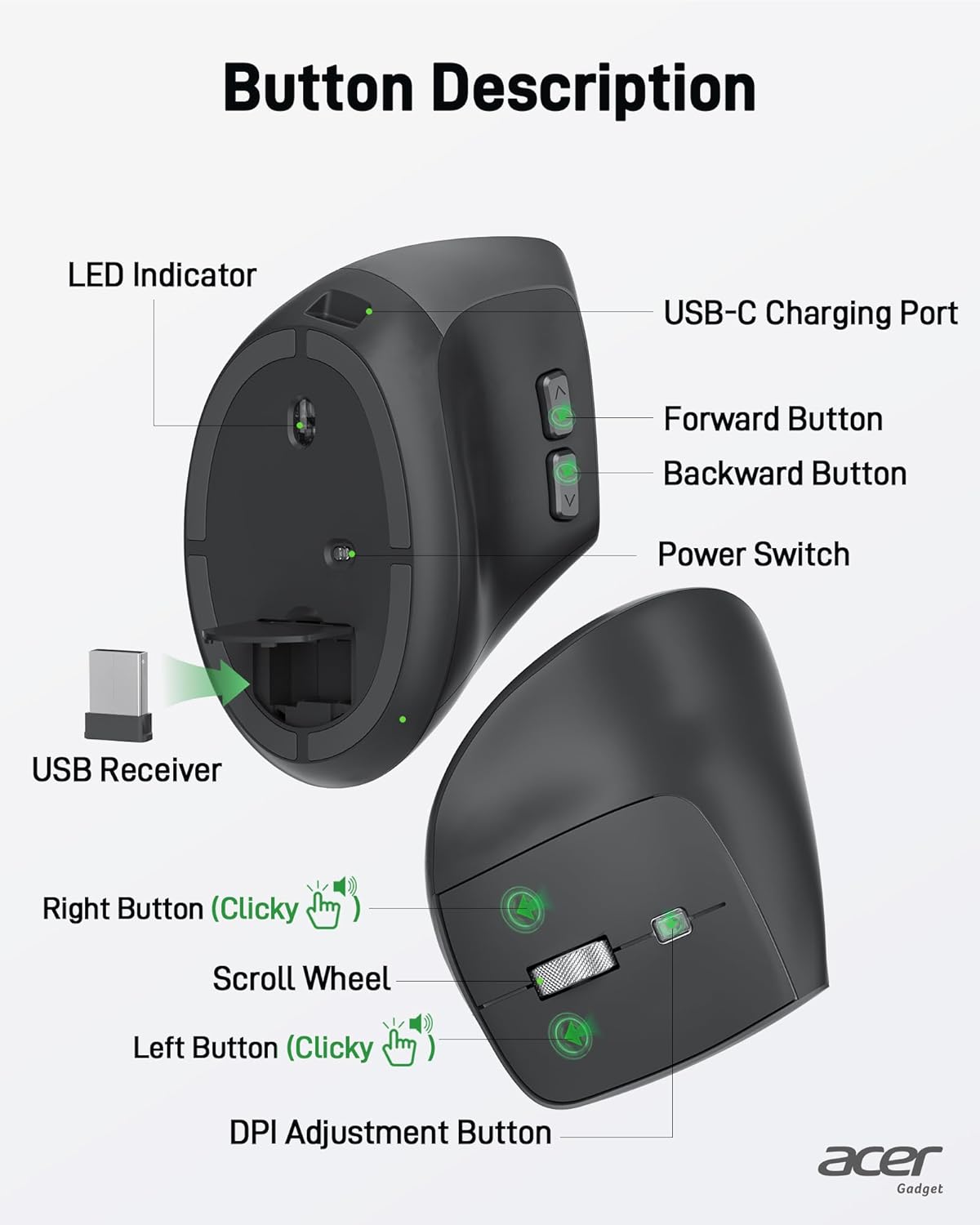 acer Ergonomic Mouse Wireless, Adjustable DPI Vertical Mouse 1000/1200/1600 with 6 Buttons, Rechargeable Ergo Mice with 2.4GHz USB Receiver for Computer, Laptop, PC, iMac and Desktop