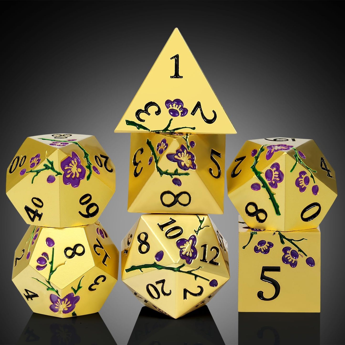 DNDND Metal Dice Set, 7 PCS Metallic Flowers DND Dice with Gorgeous Gift Case for D&D Dungeons and Dragon Tabletop Game (Purple Flowers with Gold)