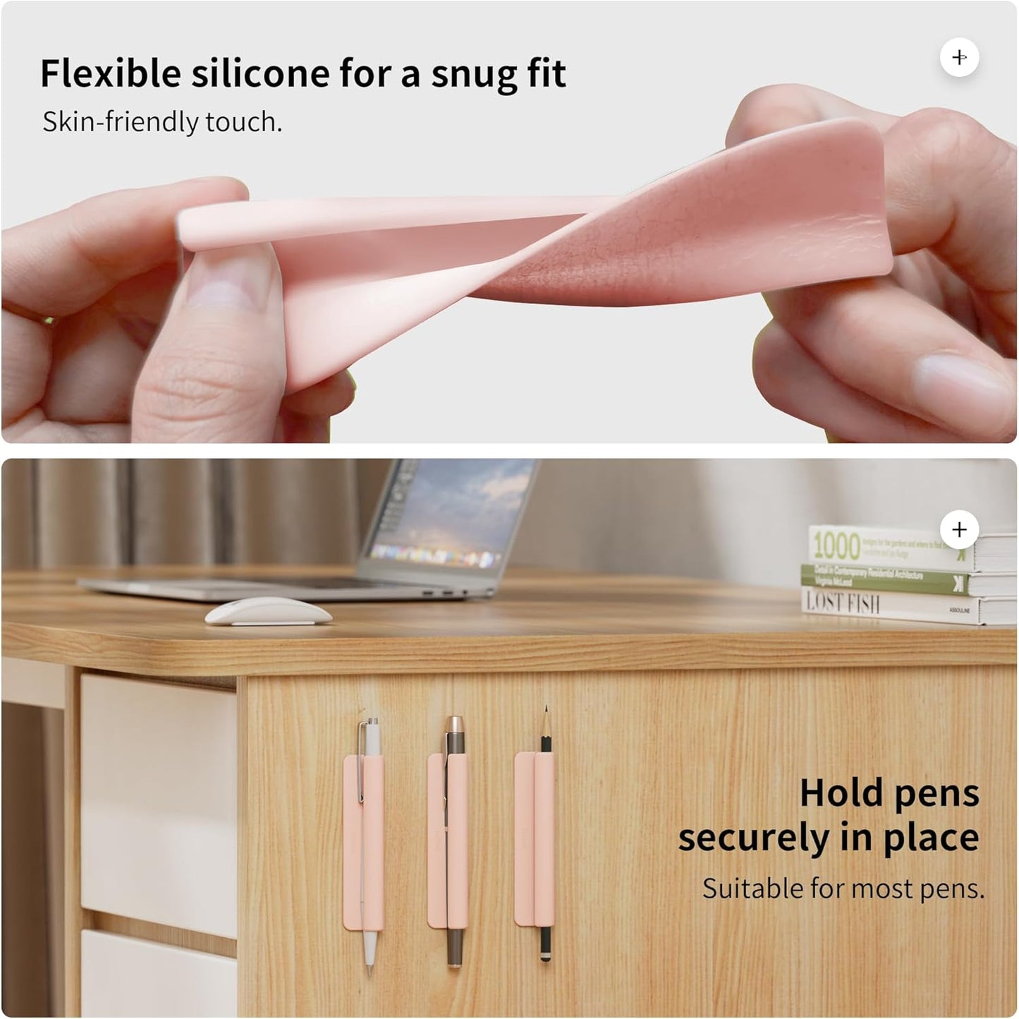 ELETIUO Pencil Holder For Most Pens,Pencils,Self-Adhesive Stick To Notebooks,Diary,Desks,Whiteboards Or Any Surface,Silicone Pen Holder For Home,Office And Desk Organization,Pink
