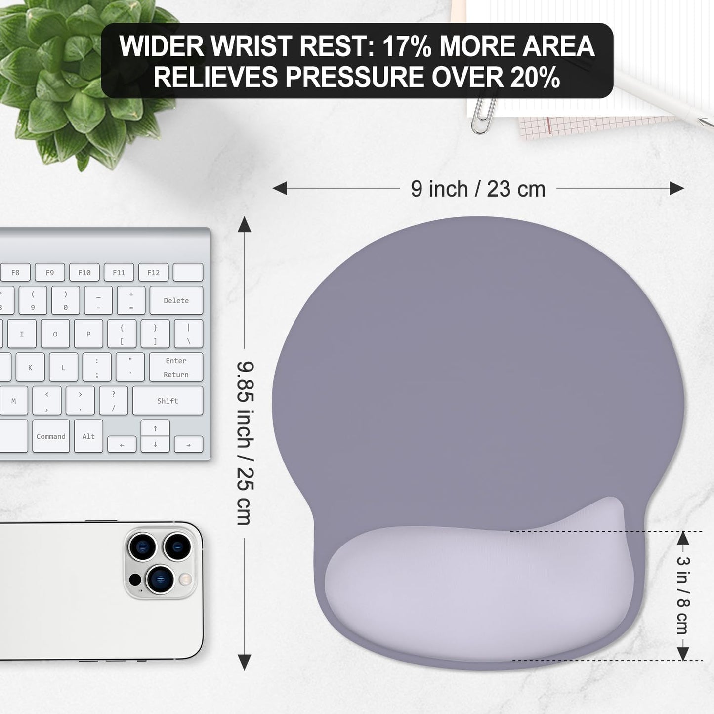 ITNRSIIET Ergonomic Mouse Pad with Wider Memory Foam Wrist Rest +17%, Curved Cushion Reduces Pressure 20%, Pain Relief, Non-Slip, Smooth, Cute Color Desk Accessory, 9.85 x 9 inch, Mist Gray