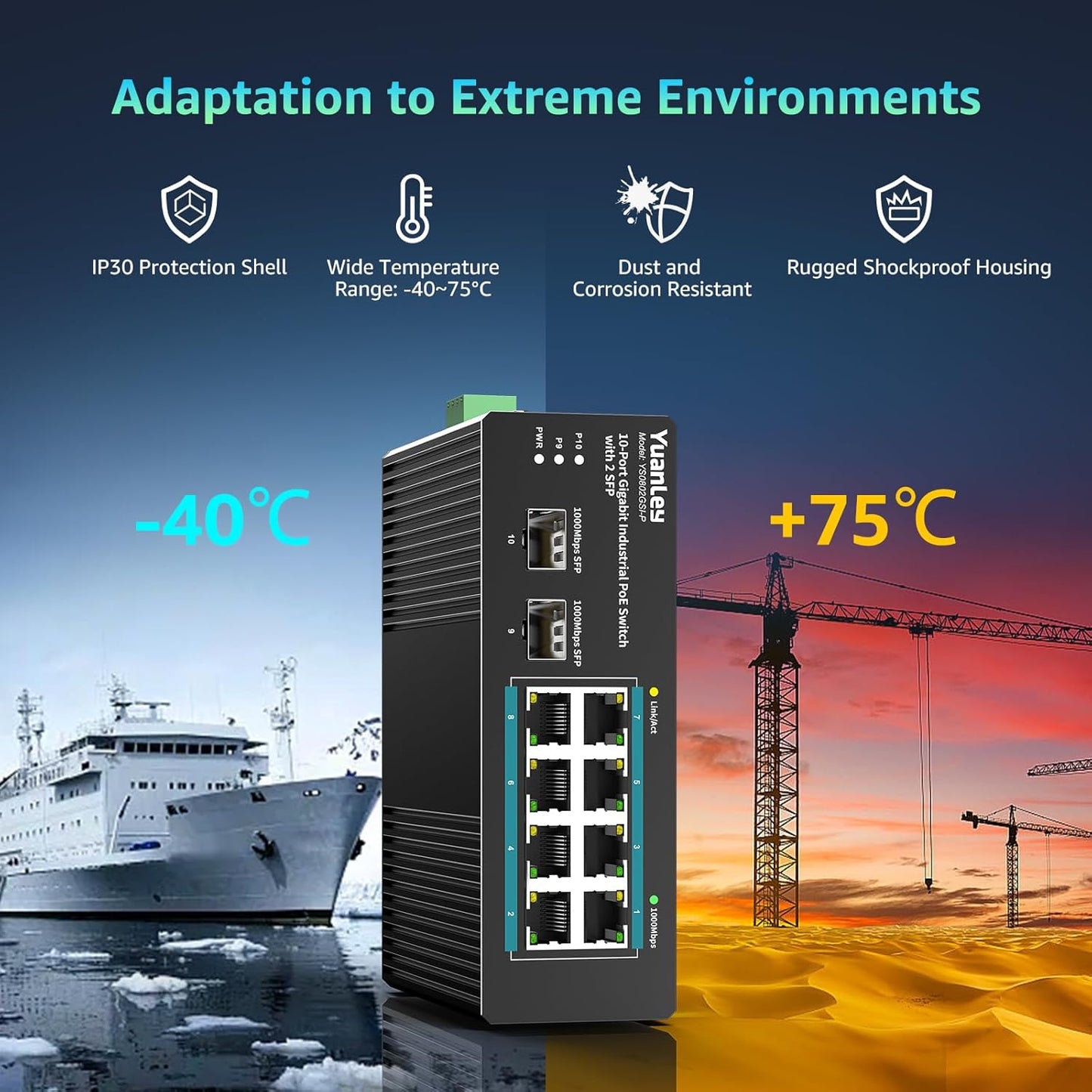 YuanLey 10 Port Industrial Switch with 8 Port PoE Gigabit & 2X SFP Port, Unmanaged PoE Switch with 120W Power Adapter, IEEE802.3af/at, VLAN & RSTP, Din-Rail PoE Switch for IP Camera, VoIP Phones,AP