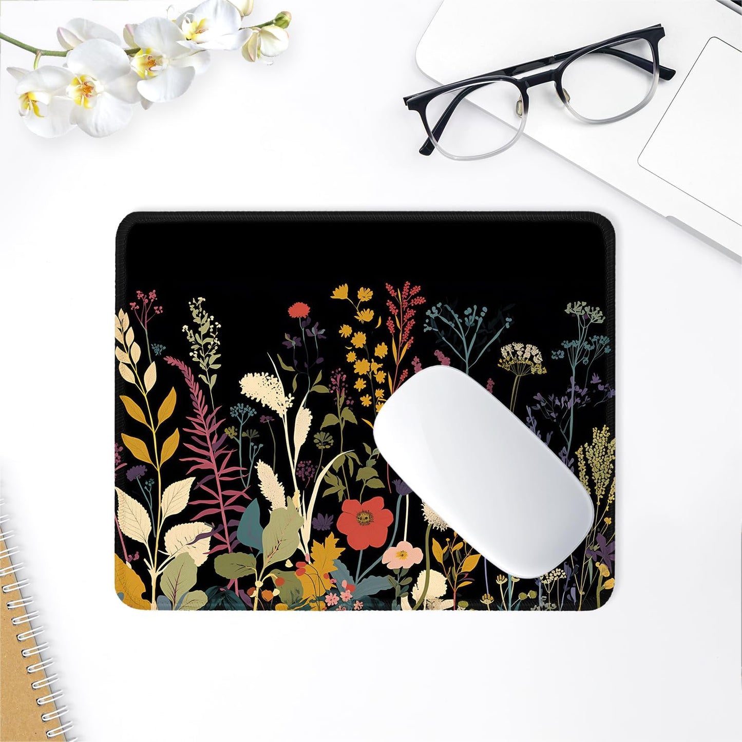 ITNRSIIET Mouse Pad with Stitched Edge Premium Textured Smooth Precise Operation Waterproof Washable Non-Slip Rubber Base Desktop Protection Mat, 10.2×8.3×0.12 inches, Pretty Flowers Plants