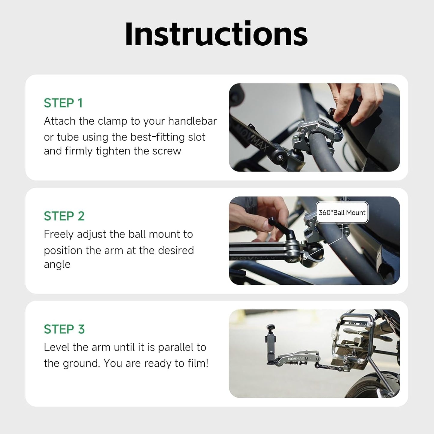 MOVMAX Blade Arm Bike Motorcycle Handlebar Mount Stabilizer, Camera Clamp Mount Shock Absorber for DJI Osmo Pocket 3, Insta 360, GoPro Hero Cameras w Ball Head, Pocket 3 Accessories
