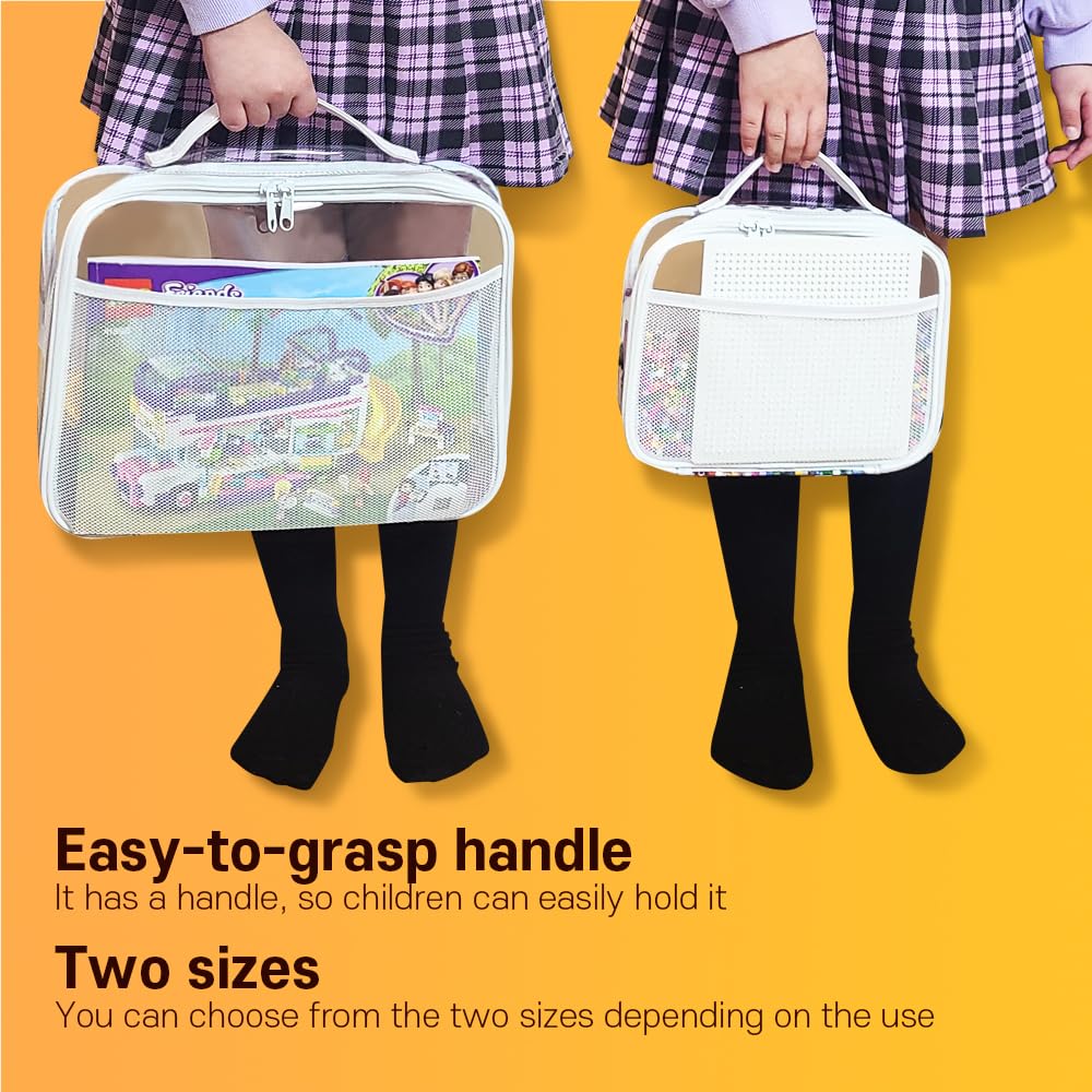 holay 4 Packs PVC Zippered Blocks Set, Toy, Clay, Board game Storage Organizer Case (Name Tag, Manual Pocket) (White, Small, Large)