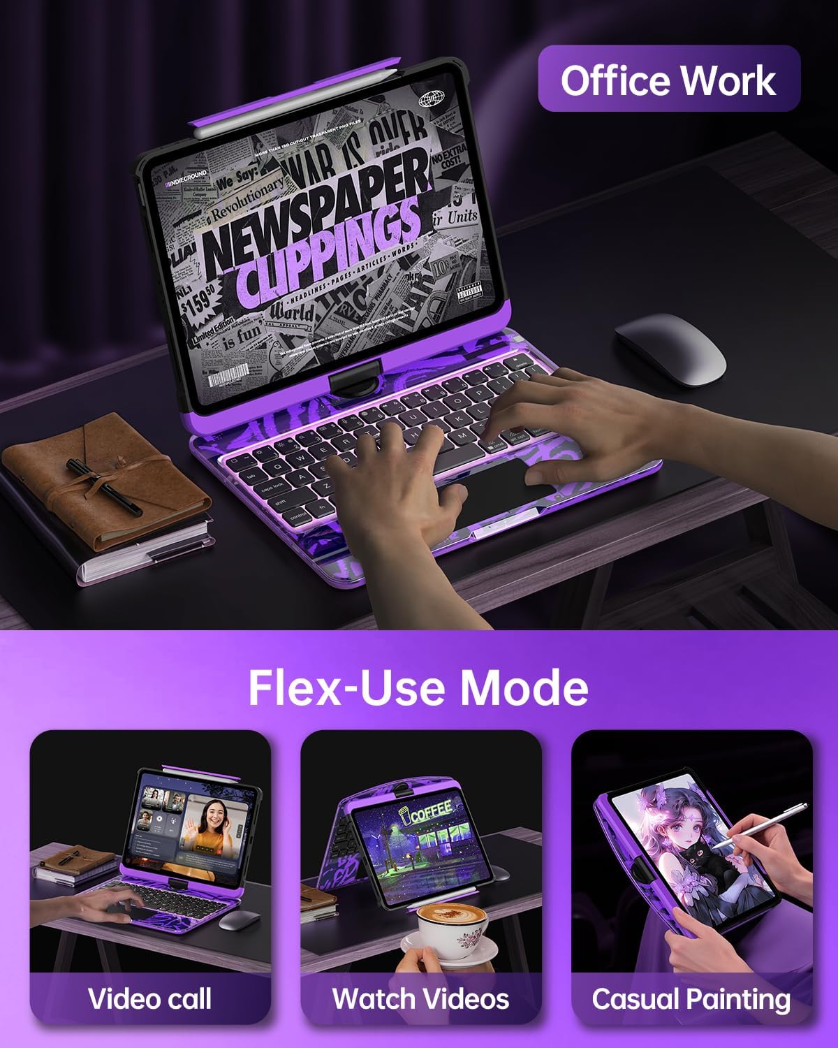 Intermerge for Clear iPad Pro 13" (M4) 2024 Case with Keyboard, 360° Multi-Touch Trackpad, 7-Color RGB Backlit Keyboard, Pencil Holder, Type-C, Power Indicator - Neon Pulse