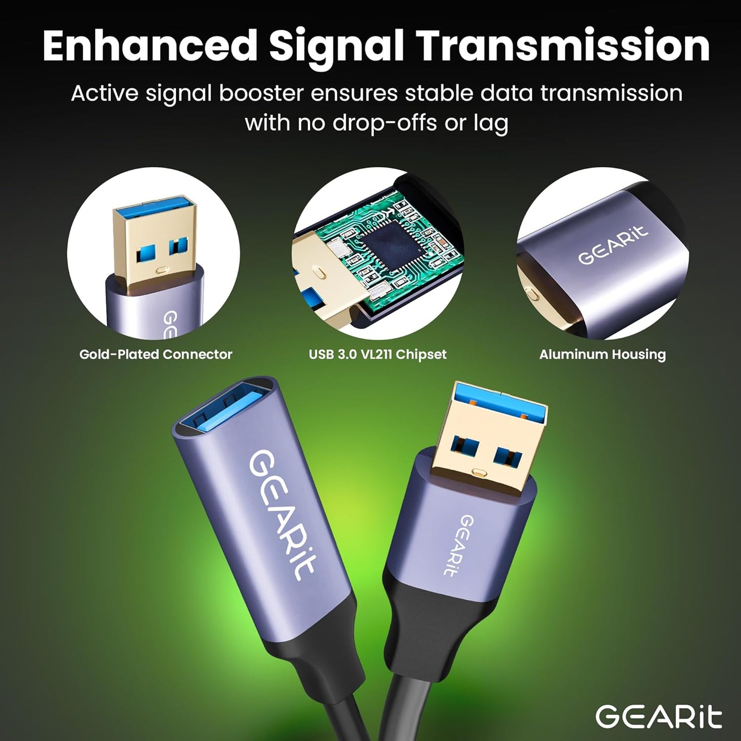 GEARit USB 3.0 Active Extension Cable (30 Feet) A-Male to A-Female USB Repeater with Signal Booster for Oculus Rift, Quest Link, Xbox 360 Kinect, PlayStation, Printer, Webcam - 30ft