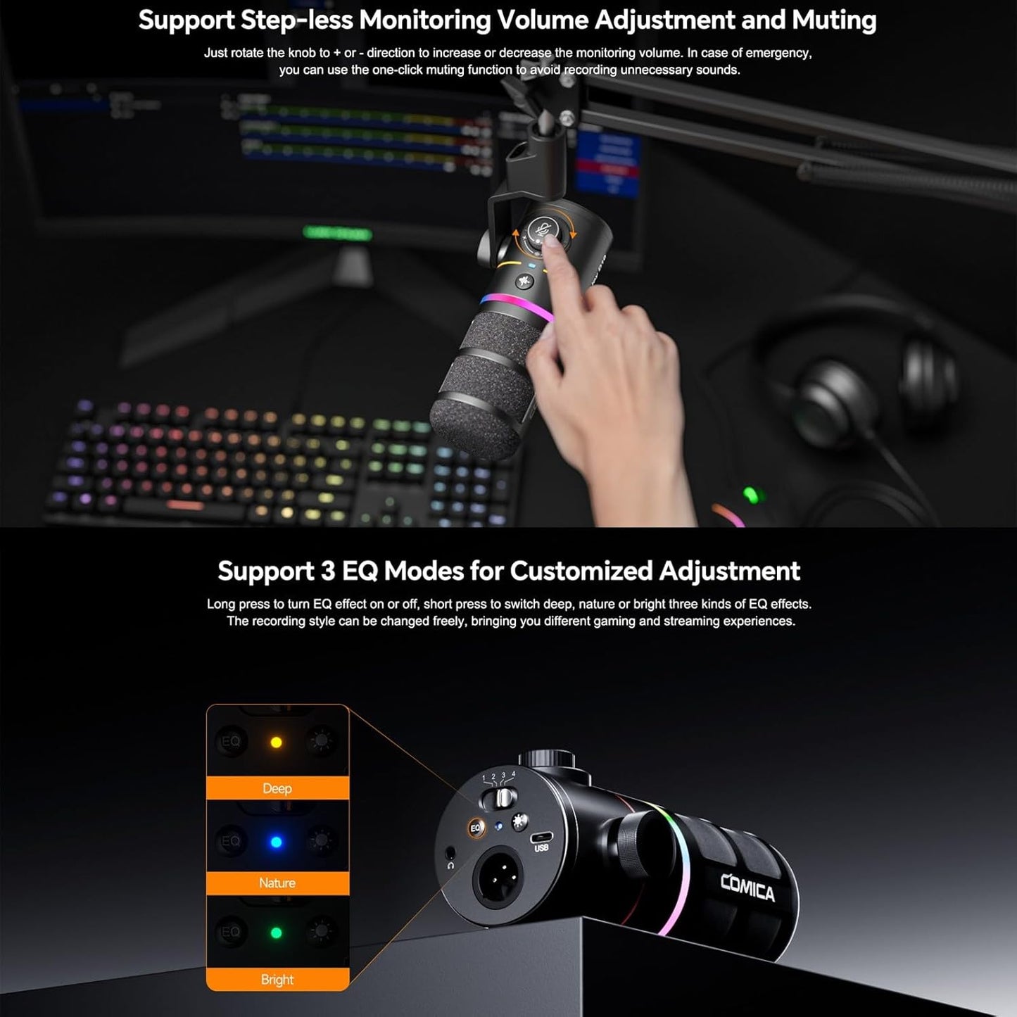 COMICA D10 Pro D Wireless/XLR/USB Dynamic Microphone with Receiver Desktop Stand- Dual Channel Cardioid Mic, 45H Battery, RGB Lights, CalMix Denoise for Gaming/Streaming/PD(PC, PS4/5, Mac,Phone-White