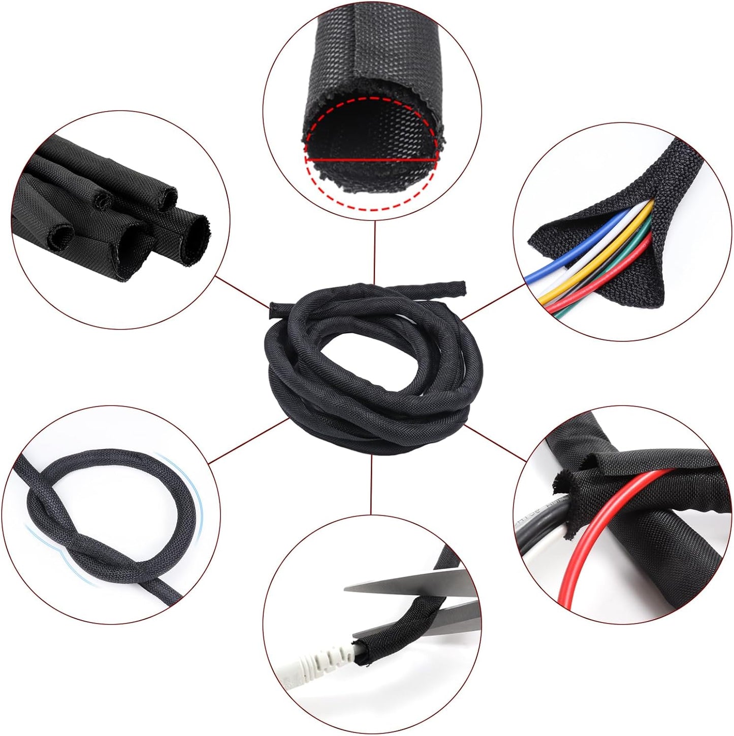 Black Braided Cable Management Sleeves Wire Loom Tubing Cord Protector Self-Wrapping (1"-15Feet)