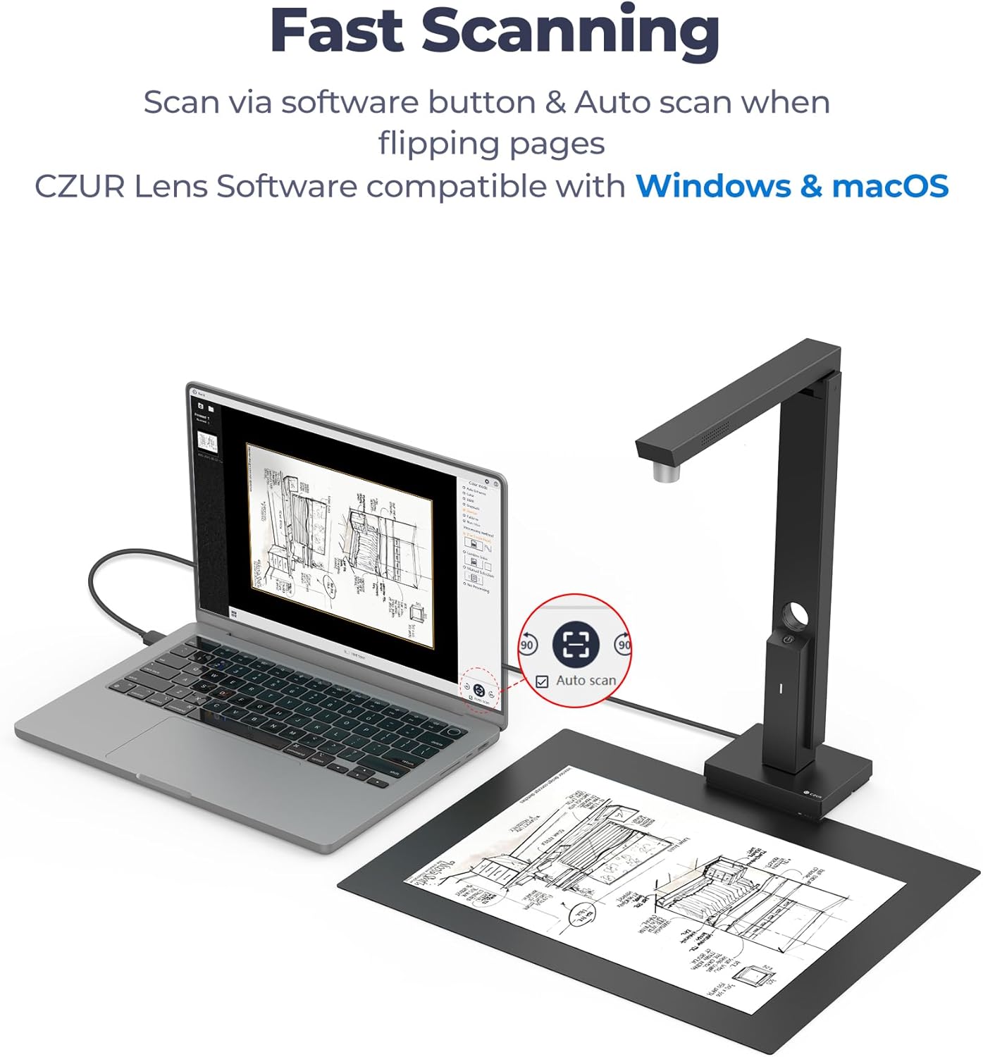 CZUR Portable 12MP Document Scanner, USB Document Camera, Fast Scan 1s/Page, Capture Size A4, OCR Function, Travel-Friendly Mobile Scanner for Mac & Windows, Lens1200 Pro (Not for Books)