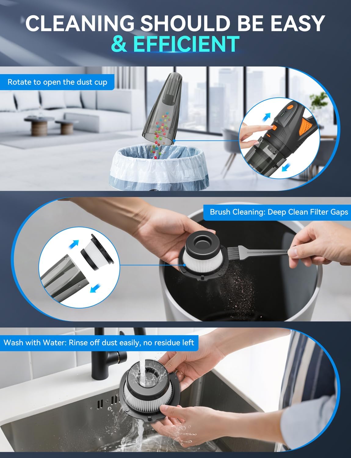 GHUSTAR Handheld Vacuum Cordless - 25000PA Strong Suction Hand Held Car Vacuum Cleaner Portable with Multi-Nozzles - Lightweight Dust Busters Rechargeable for Home Car Office Pets 2 Levels