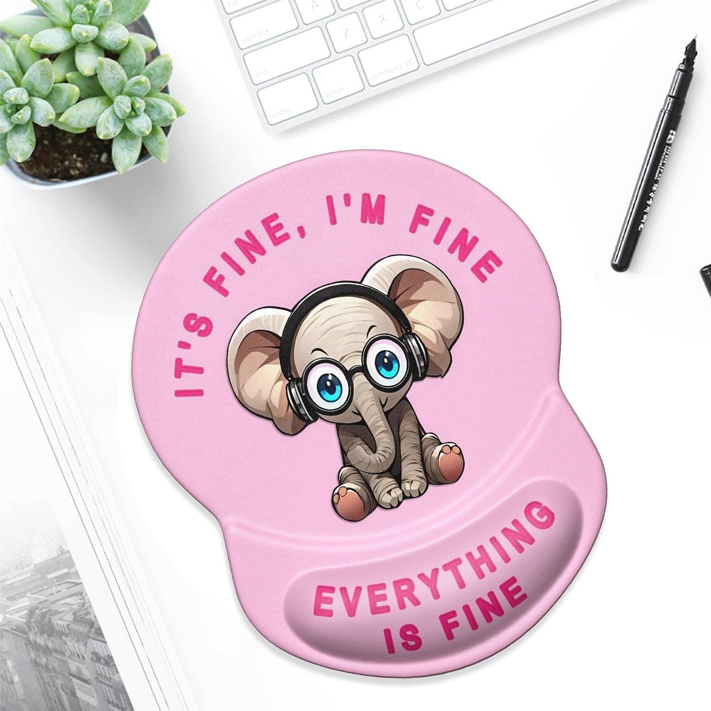 ITNRSIIET Ergonomic Mouse Pad with Gel Wrist Support Small Wrist Rest Smooth Surface Non-Slip PU Base Comfortable Office Supplies Pain Relief, 8.7 x 7.2 inches, Pink Pretty Elephant