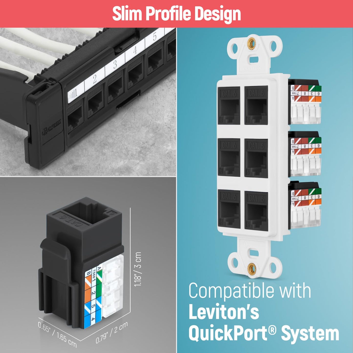 Everest 90° Angled RJ45 Cat6 Keystone Jacks 100-Pack in Black - Slim Profile Female RJ45 Connectors - Cat 6 Keystone Jack - Compatible with 90° Angled Speed Termination Tool - easyJACK (B094WB91H3)