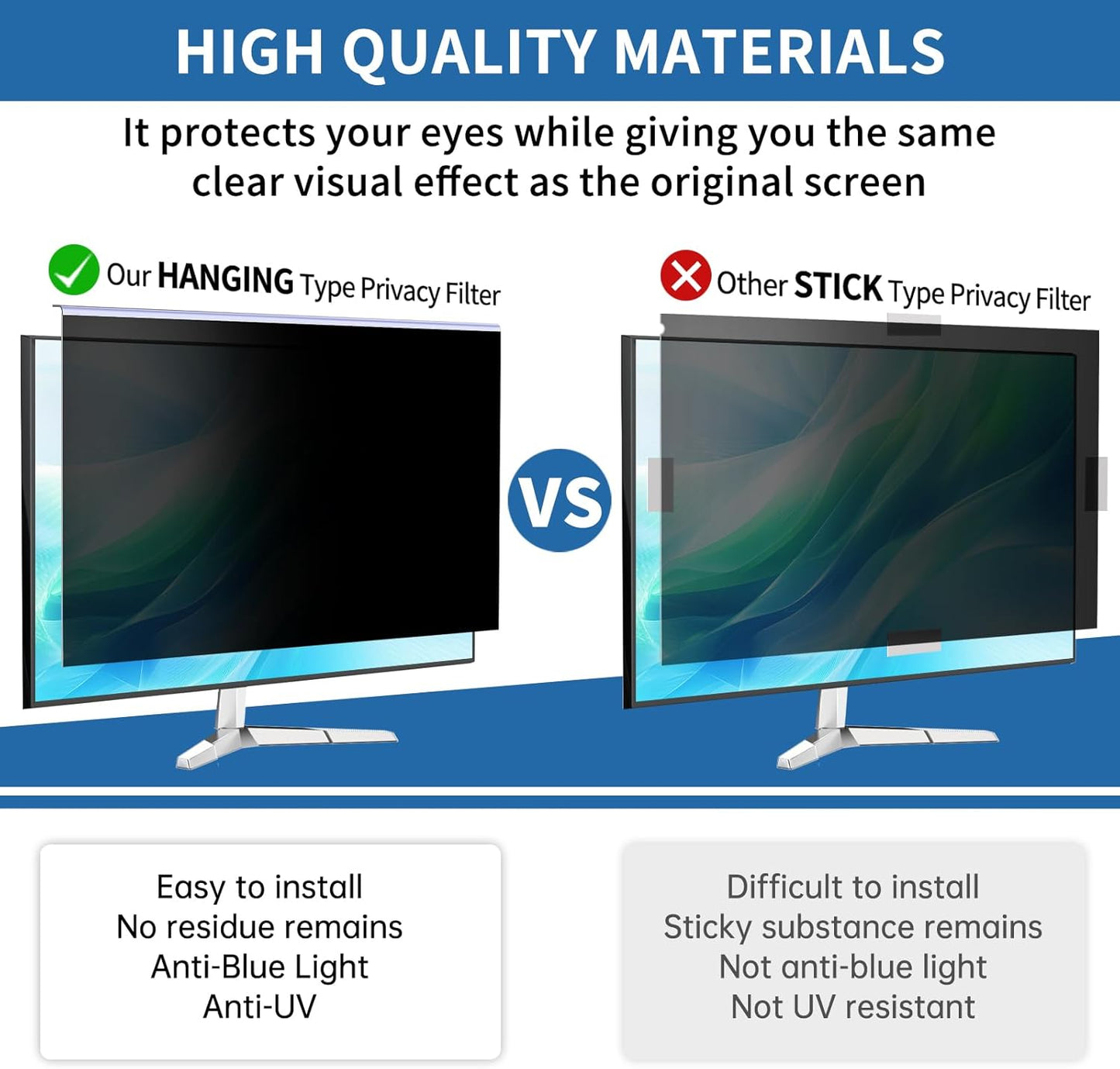 24 Inch Computer Privacy Screen for 16:9 Monitor, Anti-Blue Light Monitor Privacy Screen Filter, Anti-UV Computer Hanging Shield, Universal 23.6'', 23.8'', 24''