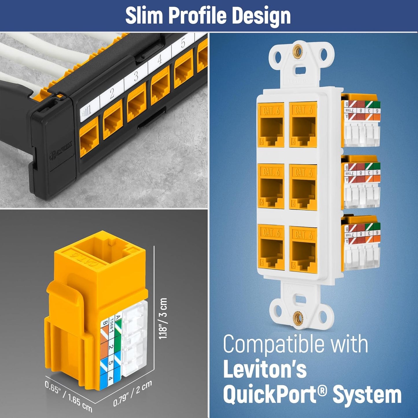 Everest 90° Angled RJ45 Cat6 Keystone Jacks 50-Pack in Yellow - Slim Profile Female RJ45 Connectors - Cat 6 Keystone Jack - Compatible with 90° Angled Speed Termination Tool - easyJACK (B094WB91H3)