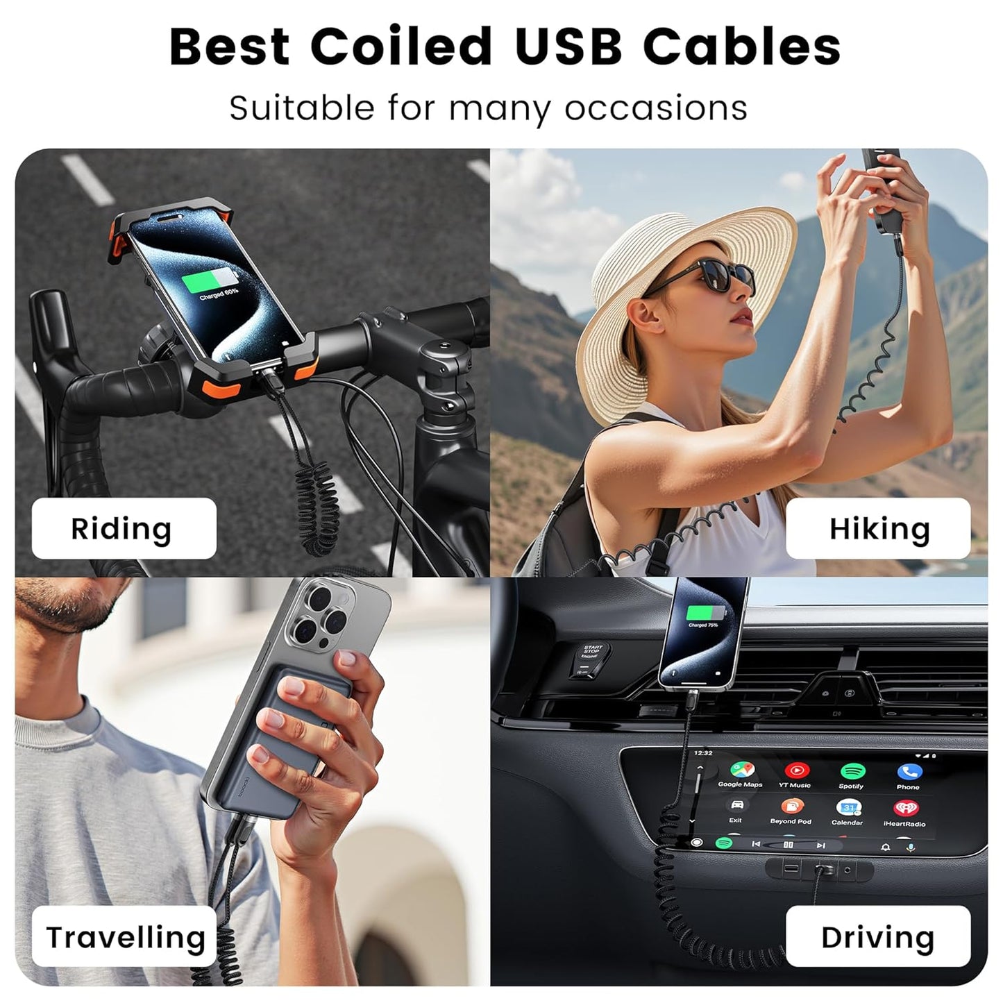 Coiled USB A to USB C 2Pack 3FT Braided Retractable Fast Charging Cable for Car, Compatible with iPhone 16/15 Pro Max/Galaxy S24/S23/S22, Supports Car Play & Android Auto-Black