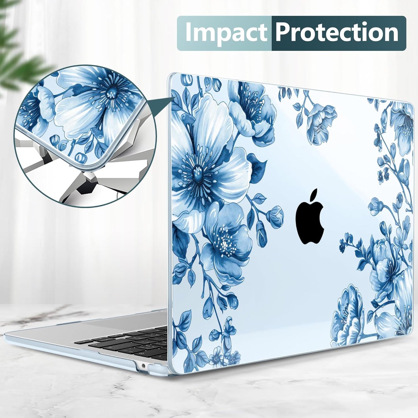 TWOLSKOO Compatible with M4 MacBook Air 13.6 inch Case 2025-2022 Release M4 A3240 M3 A3113 M2 A2681, Plastic Hard Shell & Keyboard Cover & Type C Adapter & Screen Protector, Blue Chinoiserie