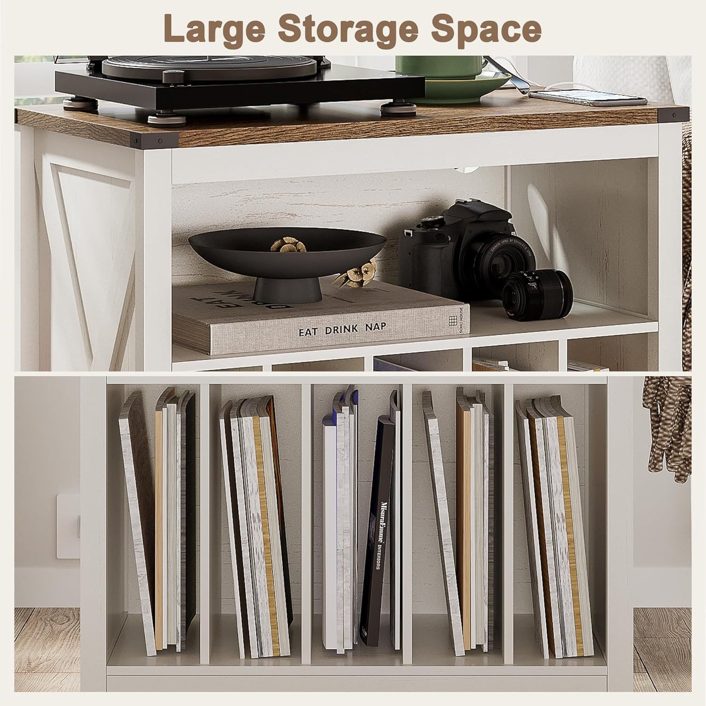 ChooChoo Large Record Player Stand with Charging Station & LED Light, Vinyl Record Holder hold up to 300 Albums, Farmhouse End Table for Bedroom, Living Room, Soft White