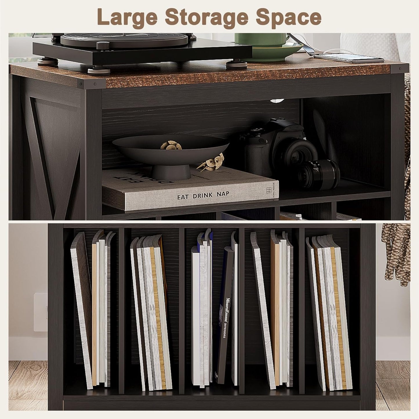 ChooChoo Large Record Player Stand with Charging Station & LED Light, Vinyl Record Holder hold up to 300 Albums, Farmhouse End Table for Bedroom, Living Room, Black