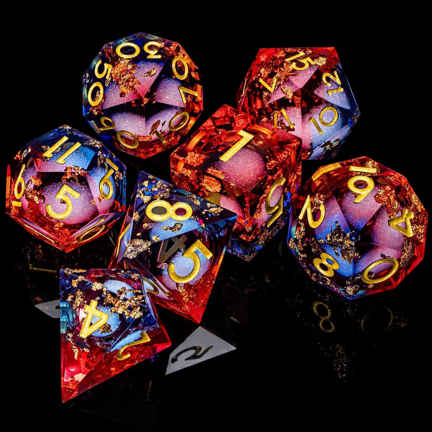 ARUOHHA Liquid Core DND Dice Set, 7pcs Resin Sharp Edged Dragons Dice Compatible with D&D Role Playing Games, RPG Golden Numbers Blue Red Dungeons Polyhedral D and D Dice with Gift Box D20 D10 D6