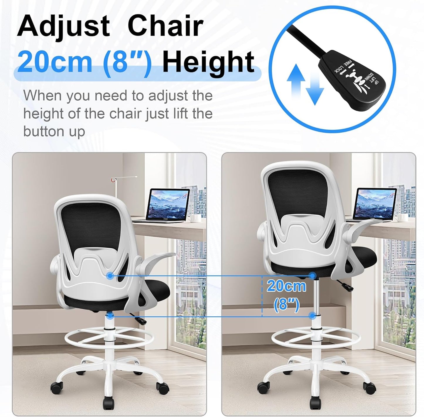 Drafting Chair Tall Office Chair with Flip-up Armrests, Adjustable Height, and Enhanced Lumbar Support - Ergonomic Rolling Stool, Back Support, and Adjustable Foot Rest Ring for Standing Desk White