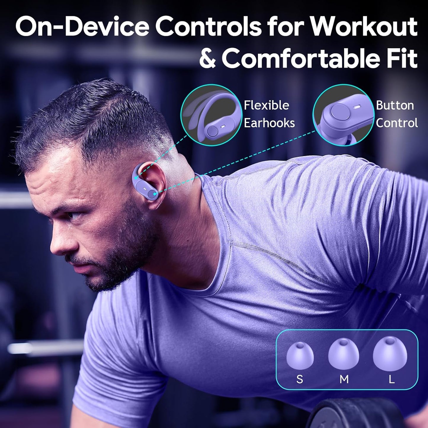 GOLREX Active Noise Cancelling Ear Buds Wireless Earbuds Bluetooth Headphones with 80H Playtime LED Display Wireless Charging Case, Over-Ear Hooks Earbud for Sports Running Gym Workout Purple