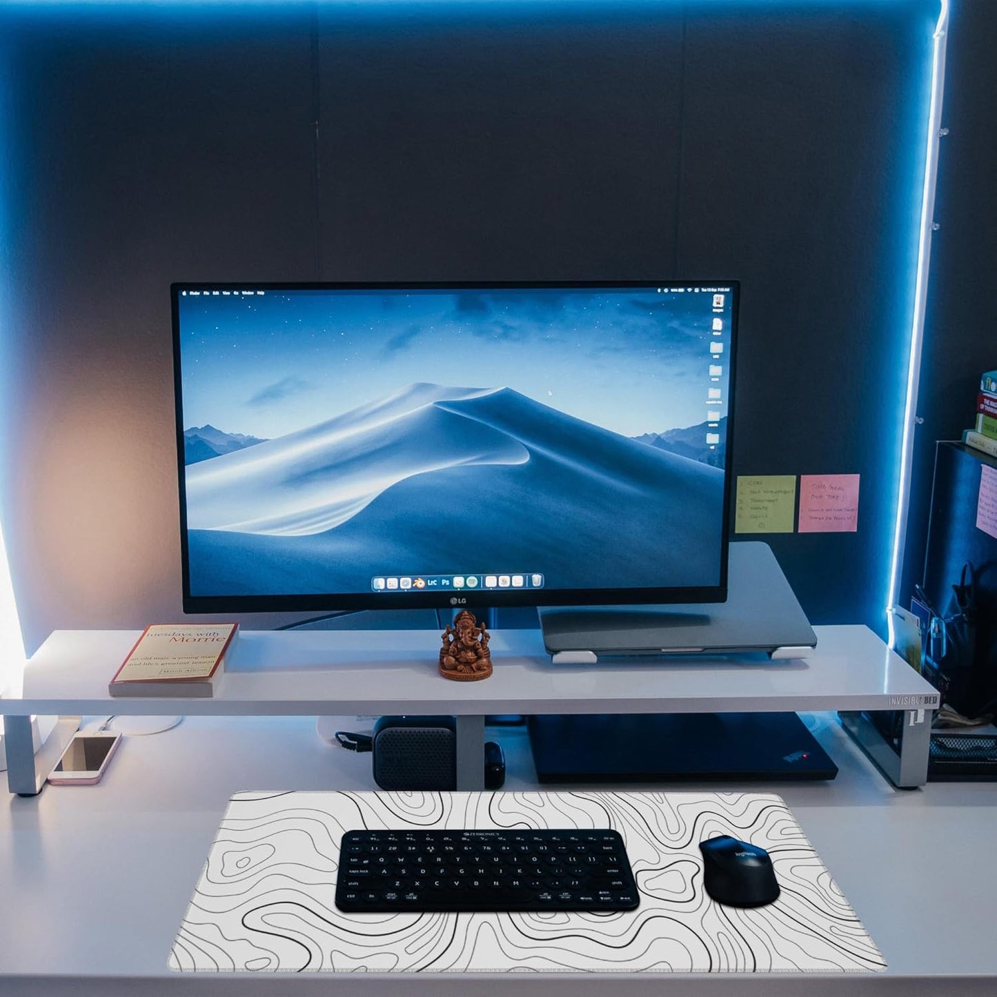 Desk Mat,White Topographic Contour Map Desk Pad,Topographic Contour Large Gaming Mouse Pad for Desk,Extended Big Computer Keyboard Mouse Pad with Non-Slip Base and Stitched Edge,31.5"x11.8"