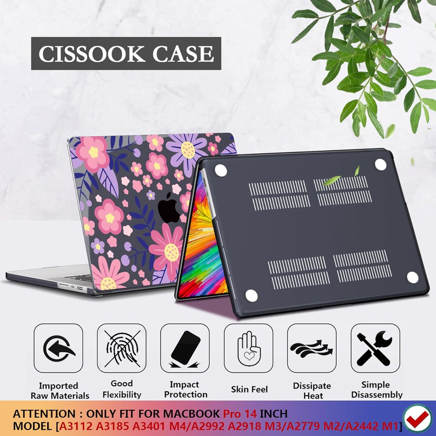 CISSOOK Compatible with MacBook Pro 14 inch 2025 2024-2021 Release M4 M3 M2 M1 Chip A3112 A3185 A3401 A2918 A2992 A2779 A2442, Hard Shell Case with Keyboard Cover Screen Protector, Stylized Flowers