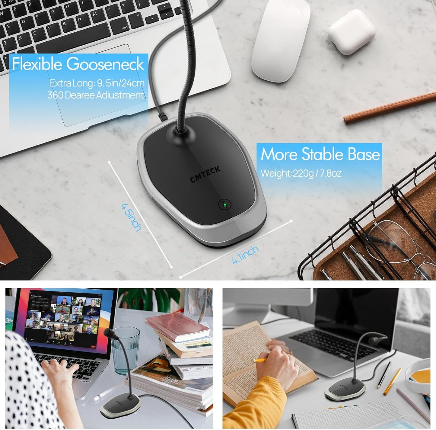 CMTECK USB Computer Microphone, Plug &Play Desktop Omnidirectional Condenser PC Laptop Mic, Mute Button with LED Indicator, Compatible with Windows/Mac, Ideal for YouTube, Skype, Recording (Gray)