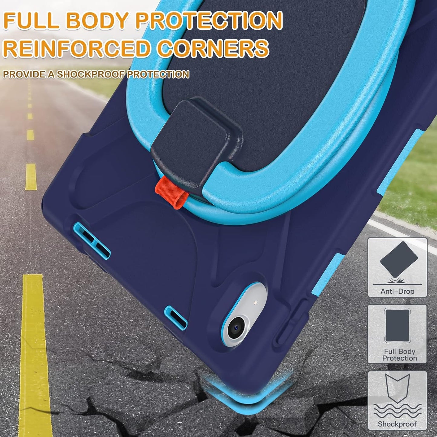 BRAECN Case for iPad (A16) 11th/10th Generation 11”/10.9'' 2025/2022, Heavy Duty Shockproof Cover with Pencil Holder/Screen Protector/Rotating Handle Grip/Stable Kickstand/Shoulder Strap, Navy Blue