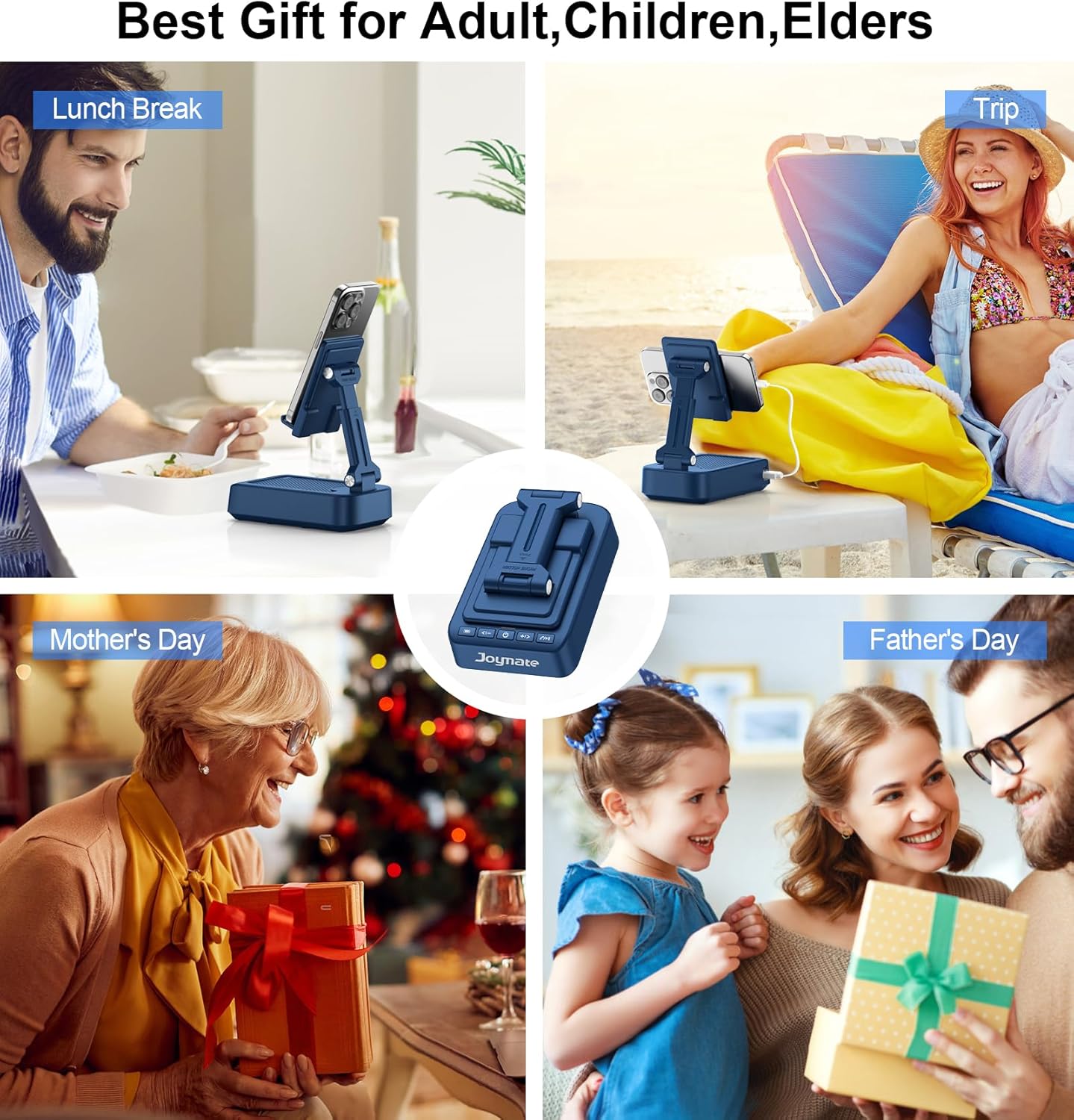 Gifts for Men Women, Bluetooth Speaker Phone Stand with Charging Function 360° Rotable Adjustable Cell Phone Holder HD Surround Sound for Desk Fits All Phones,Tablet (Blue)