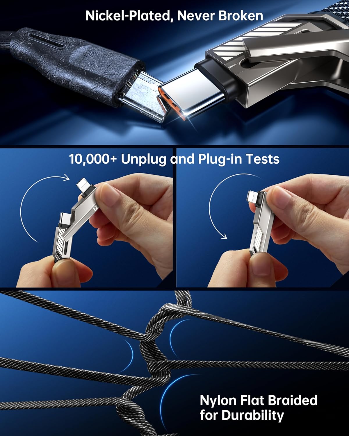 4-in-1 Long USB C Cable 10FT Compatible with Lightning Cable 90 Degree Fast Charging Flat Nylon Braided for iPhone/iPad Charger Cord Multi Charge Cord with L/USB C/USB A Ports, Grey