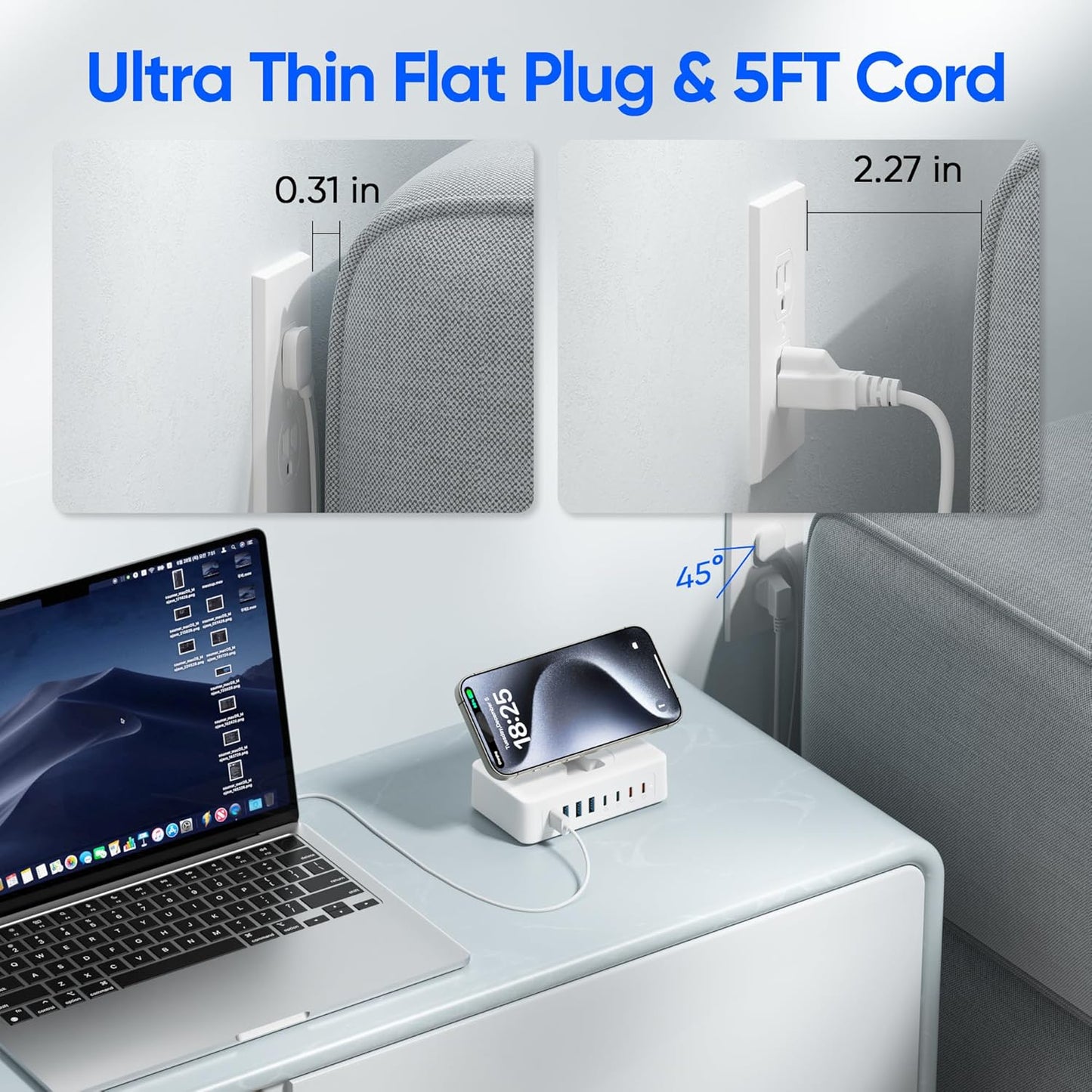 115W USB Charging Station Power Strip, 11-in-1 USB C Charger Block, 2AC Outlets with 8USB Ports(4USB-C), 5FT Flat Plug Extension Cord, Fast Charging Desktop Charger for Home Office Dorm Room, White