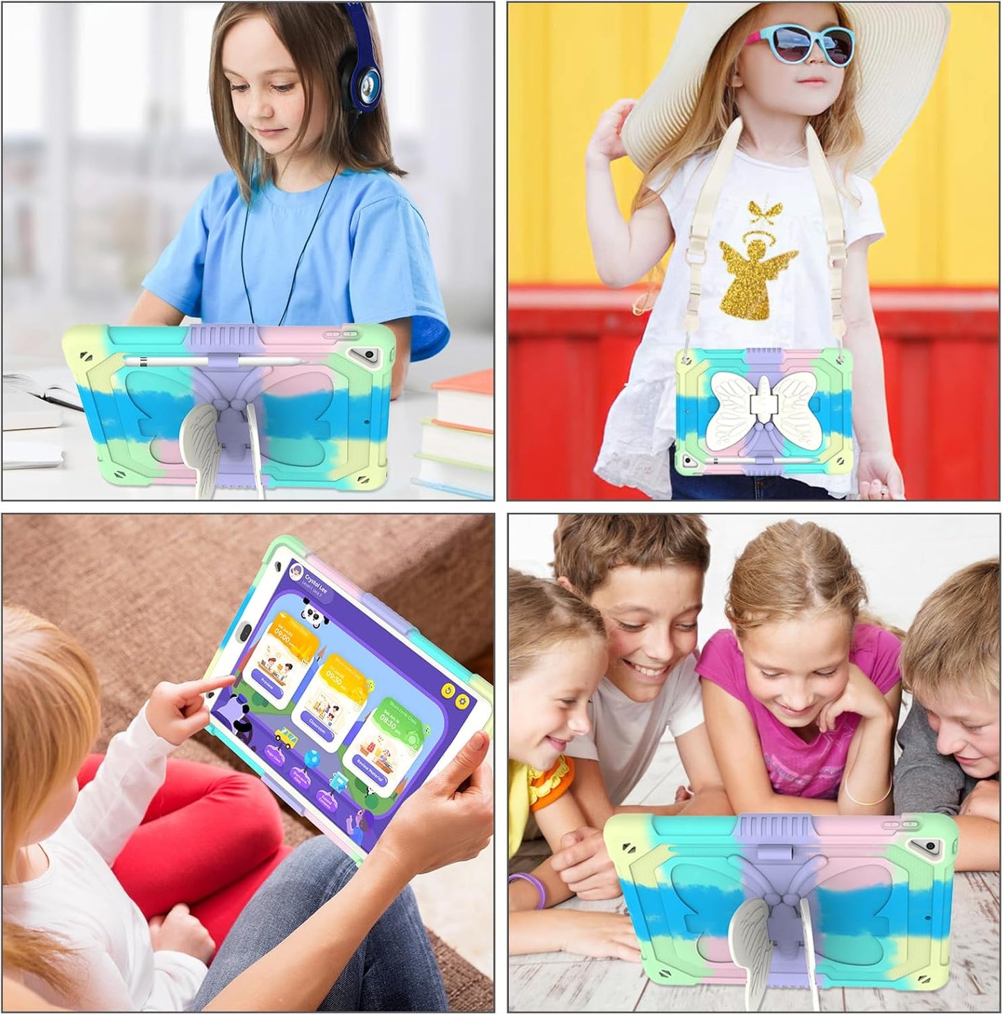 BLOSOMEET Kids Case for iPad 10.2 inch 2021 with Tempered Glass Screen Protector,iPad 9th/8th/7th Generation Case with Stand Pencil Holder & Shoulder Strap,Colorful Green