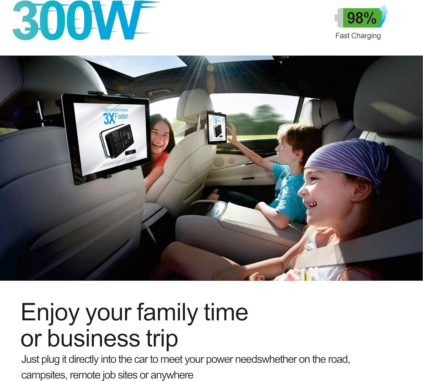 300W Car Power Inverter, DC 12V to 110V AC Car Plug Adapter with LED Display, 65W/24W USB-C Fast Charging Car Outlet Adapter to Wall Plug,Portable Car Charger with Switch Control Converter for Laptops