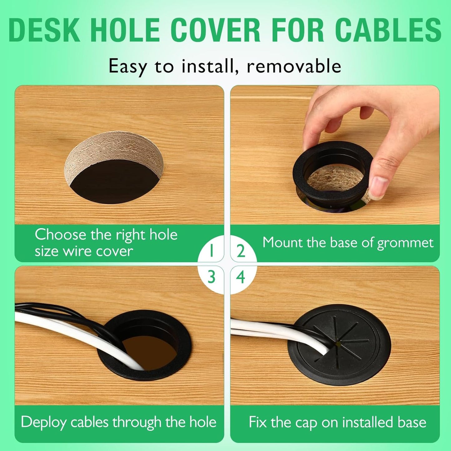 2 Pcs Desk Grommet 2-3/8" / 60 mm, Desk Hole Cover for Cables Brown, Cable Grommet ABS Plastic, Desk Hole Grommet for Home & Office Pc, Detachable Cable Cord Organizer