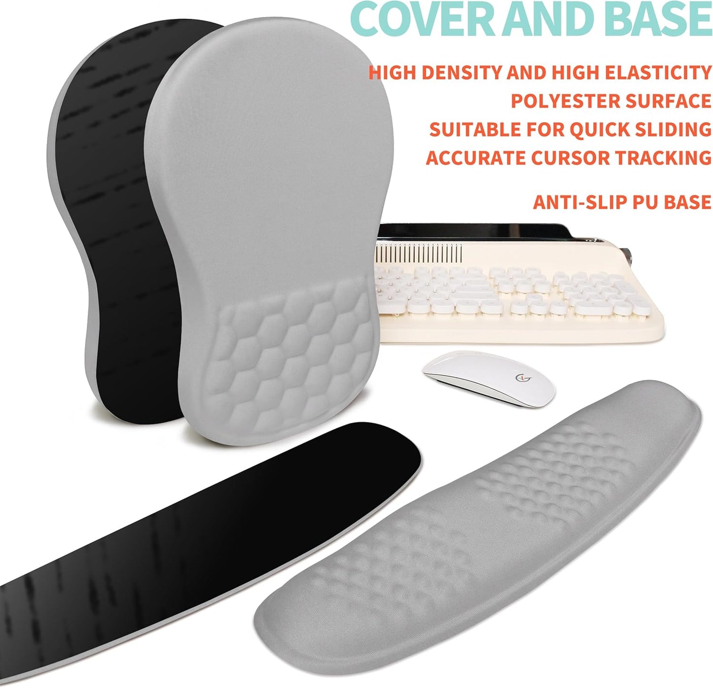 2-in-1 Ergonomic Set, Wave Rise Keyboard Wrist Rest and Massage Bulge Slope Mouse Pad Wrist Support, Cushion Memory Foam Integrated to Relieve Wrist Pain, Silver Gray