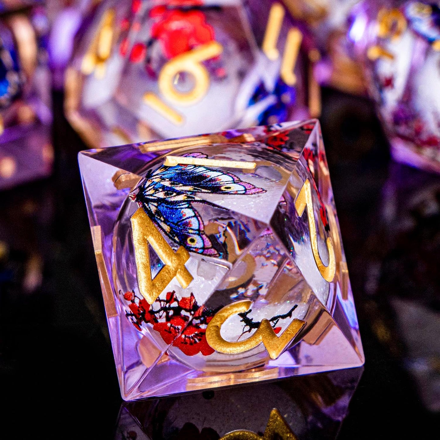 Butterfly DND Dice Purple Liquid Core Dice Set with Metal Box, Handmade Sharp Edge D and D Polyhedral Dice for use with D&D Role Playing Game, D20 D12 D10 D8 D6