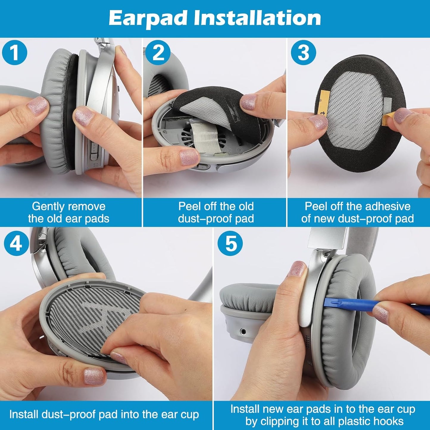 Ear Pads for Bose QuietComfort 35 ii, Premium Softer Leather Replacement Pads for Bose QC35 QC35ii Headphones Ear Pads Quiet Comfort, Noise Isolation Foam, Added Extra Thickness (Silver)