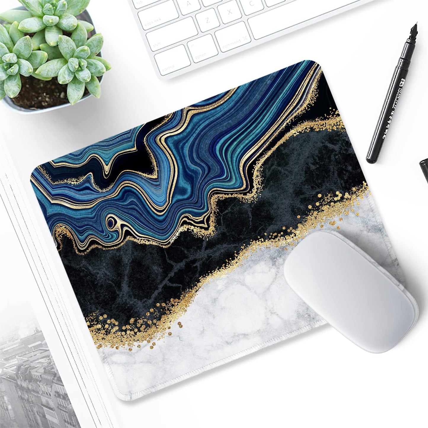 ITNRSIIET Mouse Pad with Stitched Edge Premium Textured Smooth Precise Operation Waterproof Washable Non-Slip Rubber Base Desktop Protection Mat, 10.2×8.3×0.12 inches, Abstract Art Marble