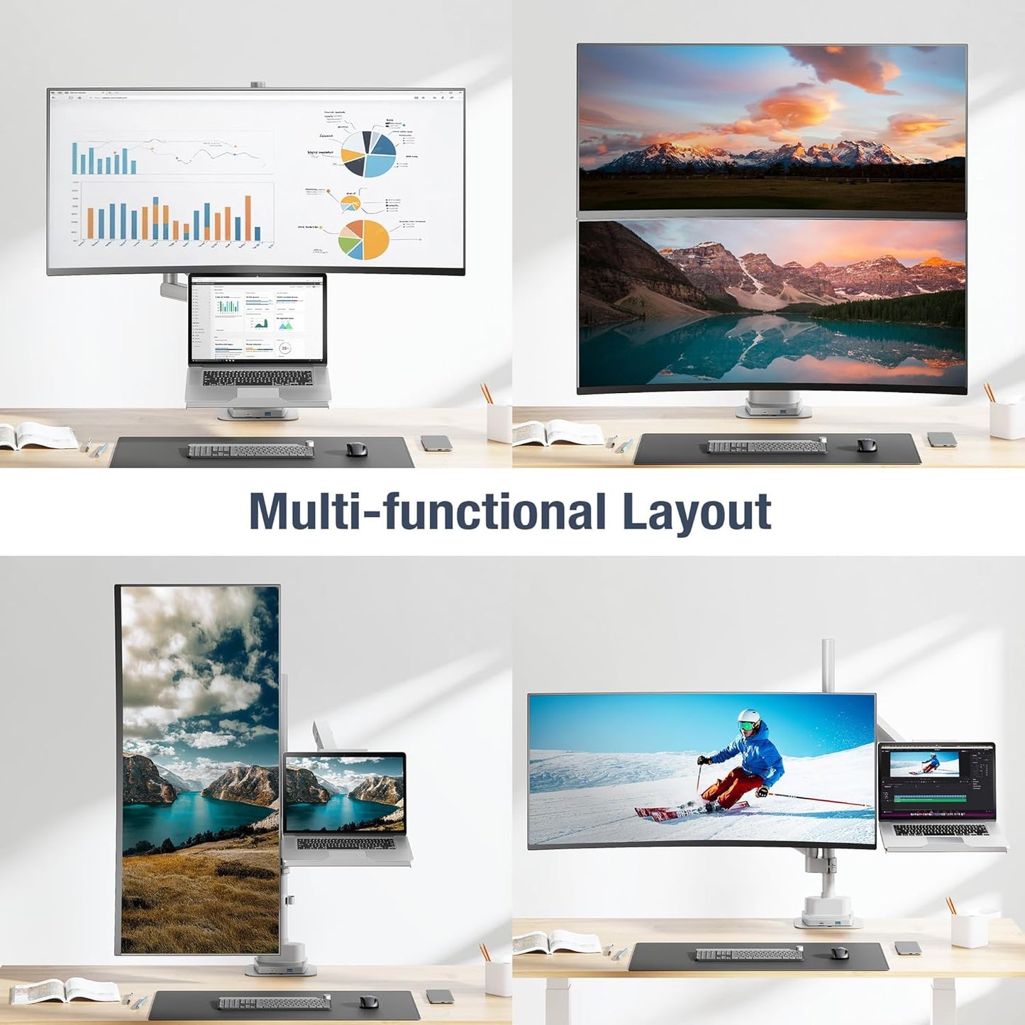 AVLT Laptop & 40 Inch Monitor Arm Pole Top Mount with USB-C USB-A Ports-Gray, VESA Compatible, Supports 26.4 lbs (12 kg), Ultrawide Screen Fit, Adjustable Height, Tilt Swivel Rotate, Cable Management