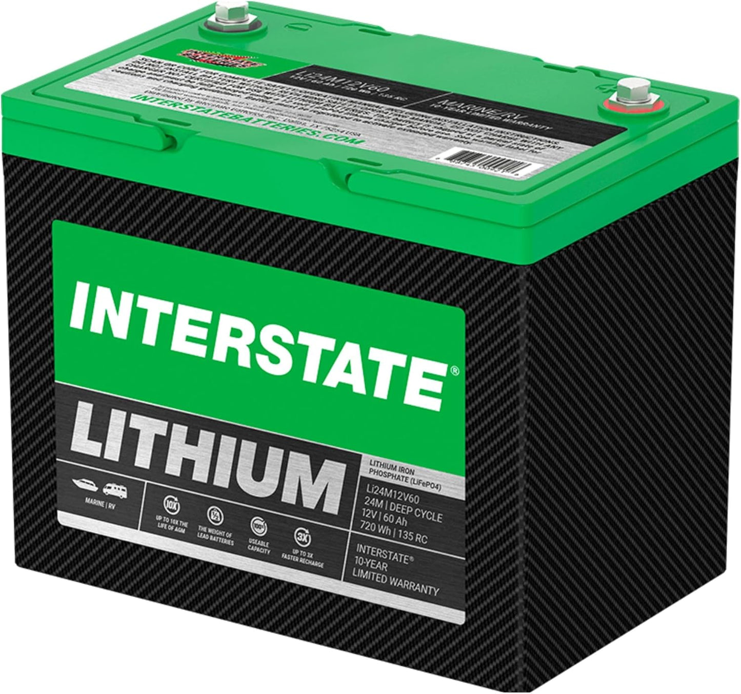 Interstate Batteries 12V 60Ah Group Size 24M Lithium Deep Cycle LiFePO4 Marine/RV Battery, Maintenance Free, Lightweight, Ideal For Boats, RV Camping, Off-Grid, Yachts (Li24M12V60)