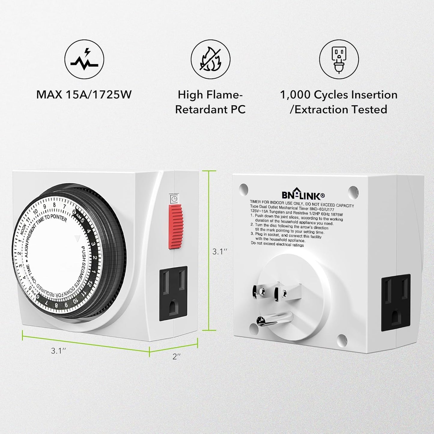 BN-LINK Heavy Duty Mechanical 24 Hour Timer Dual Outlet 3-Prong Accurate Indoor for Lamps Fans Christmas Lights White AC 1875W 1/2 HP, ETL Listed