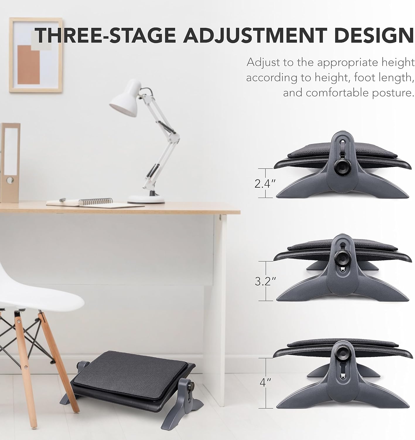 EHO Ottoman, Ergonomic Foot Rest for Under Desk, Adjustable Height and Angle, Sponge Platform, Anti-Slip, Ankle Support, Detachable Washable Cushion, Back and Leg Pain Relief, 21.6" L x 11.4" W, Black